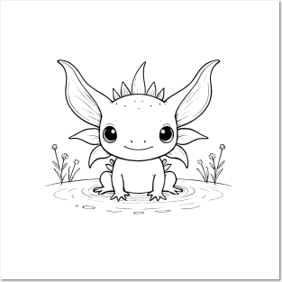 Cute Baby Axolotl Animal Outline Posters and Art